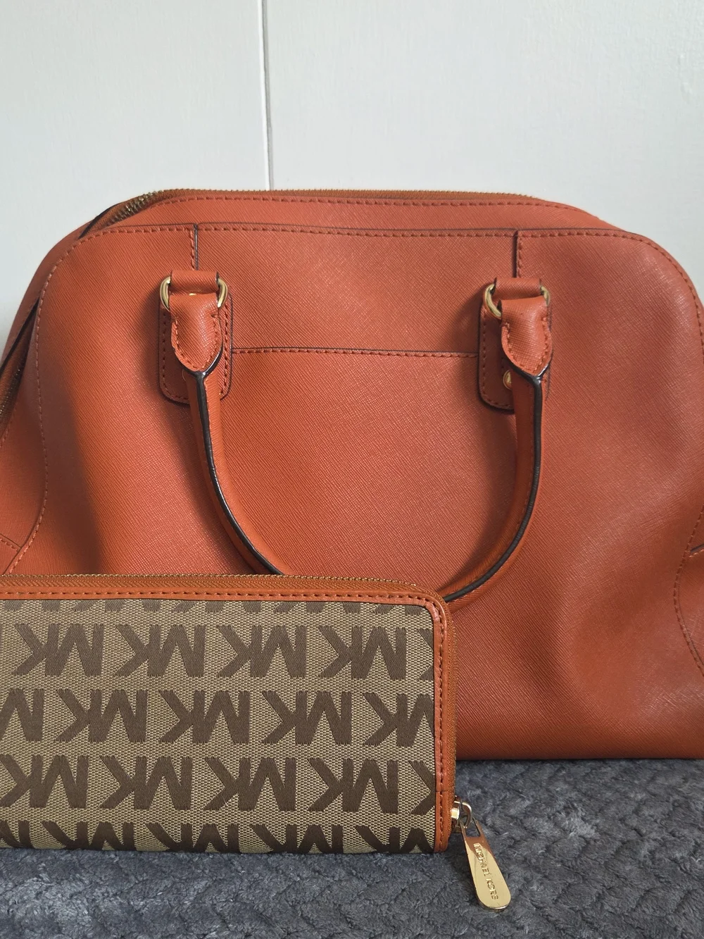 Michael Kors Orange Saffiano Leather Satchel with Matching MK Logo Wallet